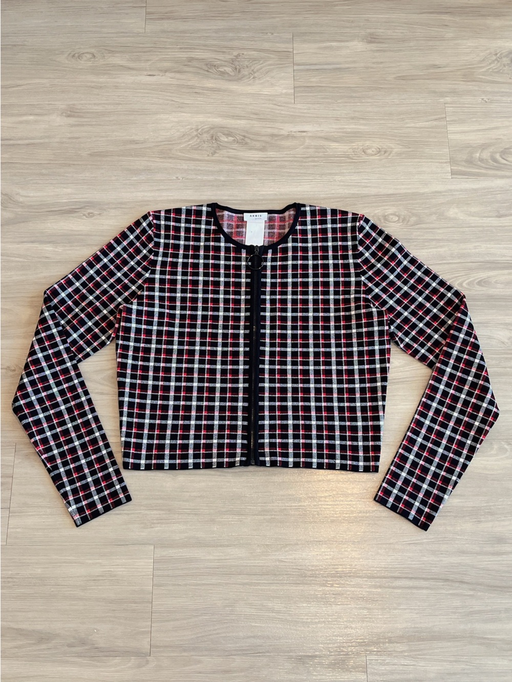 Akris Punto Black White Red Plaid Cropped Cardigan Sweater